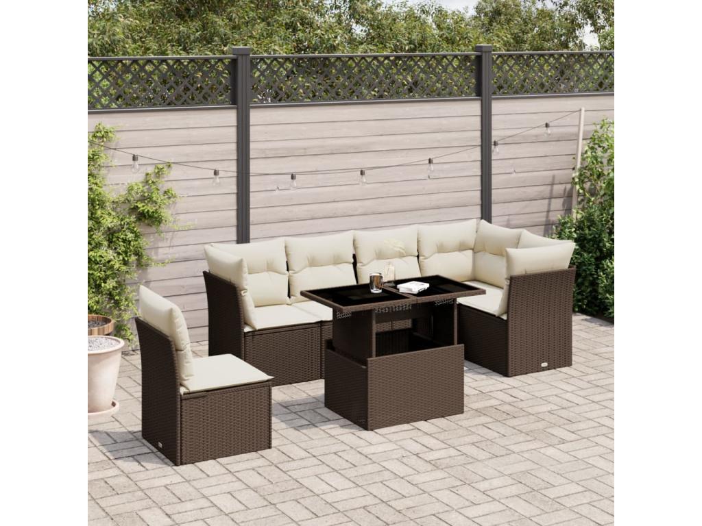 7-piece garden furniture set with cushions, brown woven resin