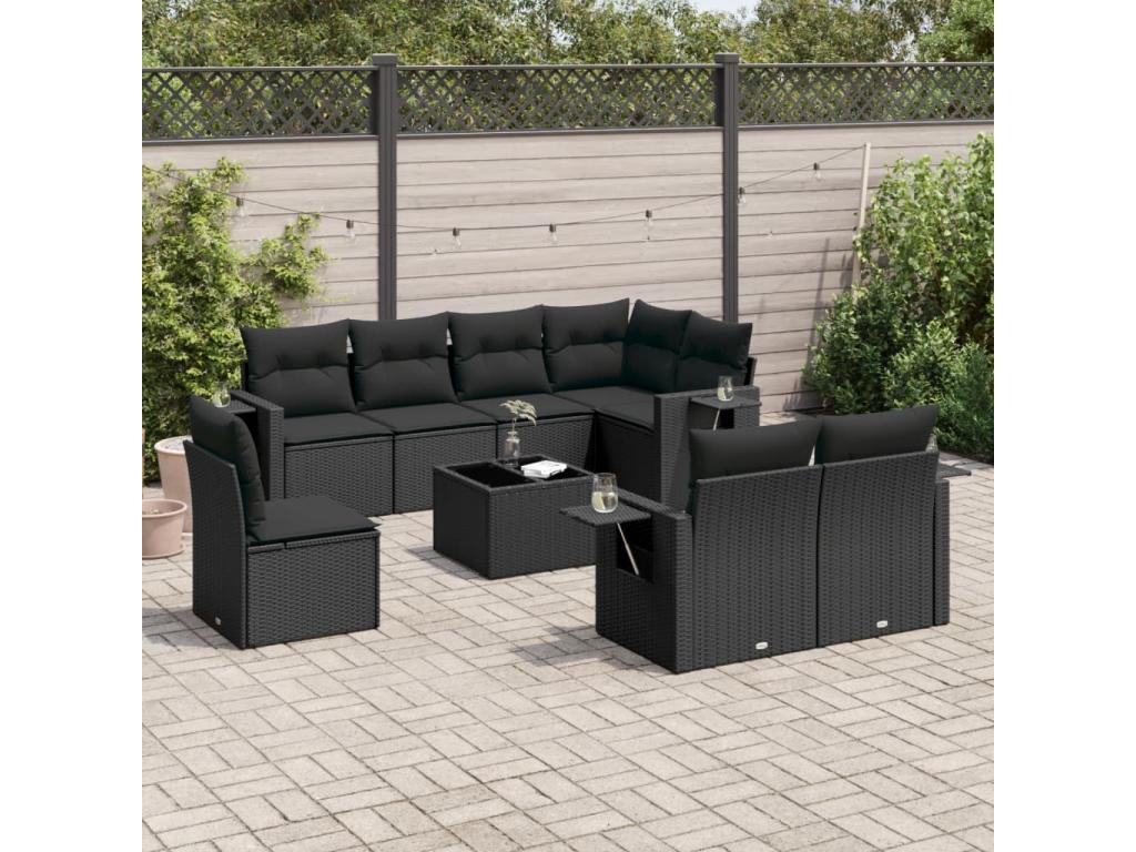 9-piece garden furniture set with cushions, black woven resin