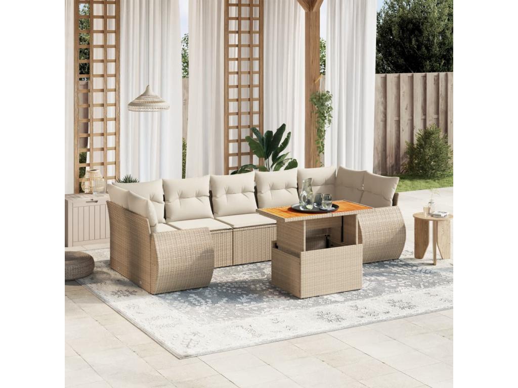 8-piece garden furniture set with cushions, beige woven resin