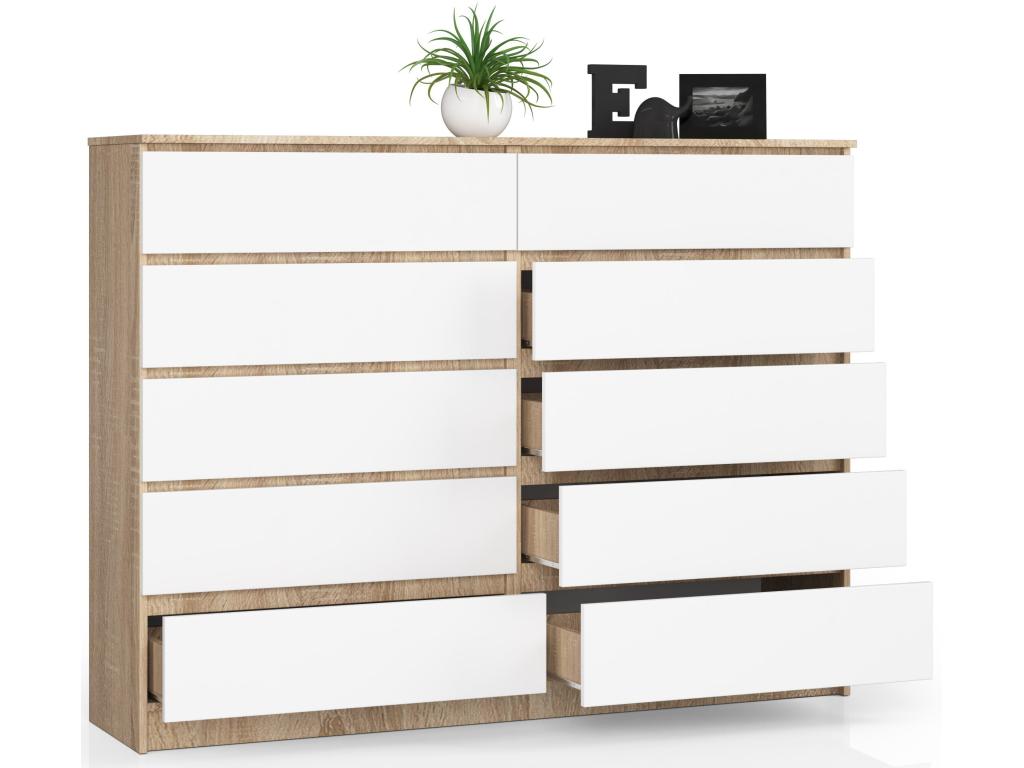 Large chest of drawers for the living room, Vertchez K160 Oak, Vertchez, 160 cm, 10 drawers, white front, 160x40x121 cm