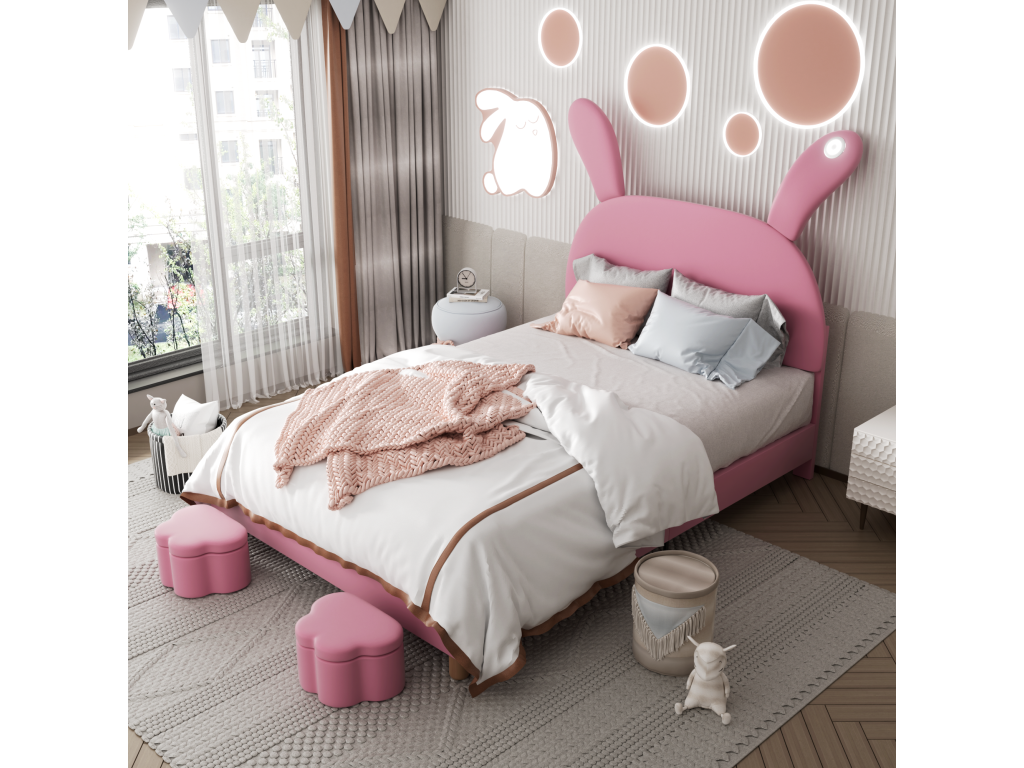 Upholstered bed 140x200 cm with 2 storage stools for children - LED bedside table - adjustable headboard - velvet - pink