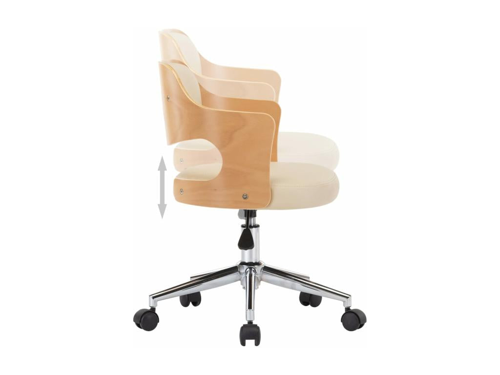 Cream swivel office chair with bent wood and faux leather