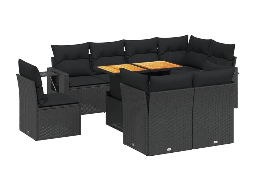 9-piece garden furniture set with cushions, black woven resin