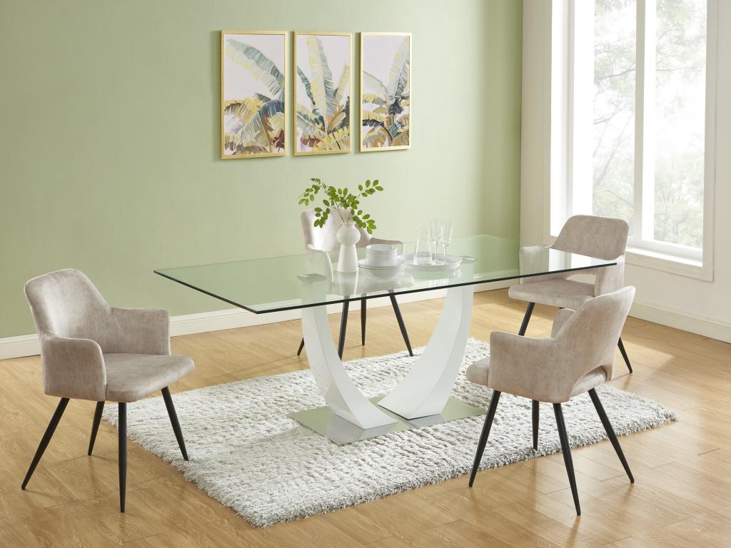Dining table for 8 people in tempered glass, MDF and stainless steel - White - Meublita II