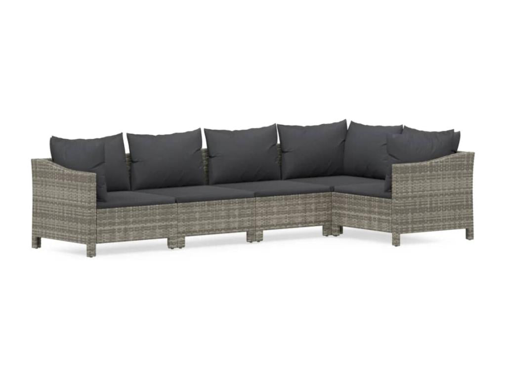 5-piece garden furniture set with cushions, grey woven resin