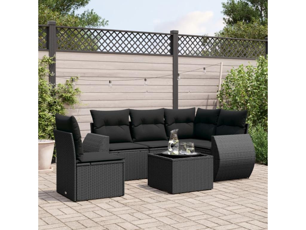 6-piece garden furniture set with cushions, black woven resin