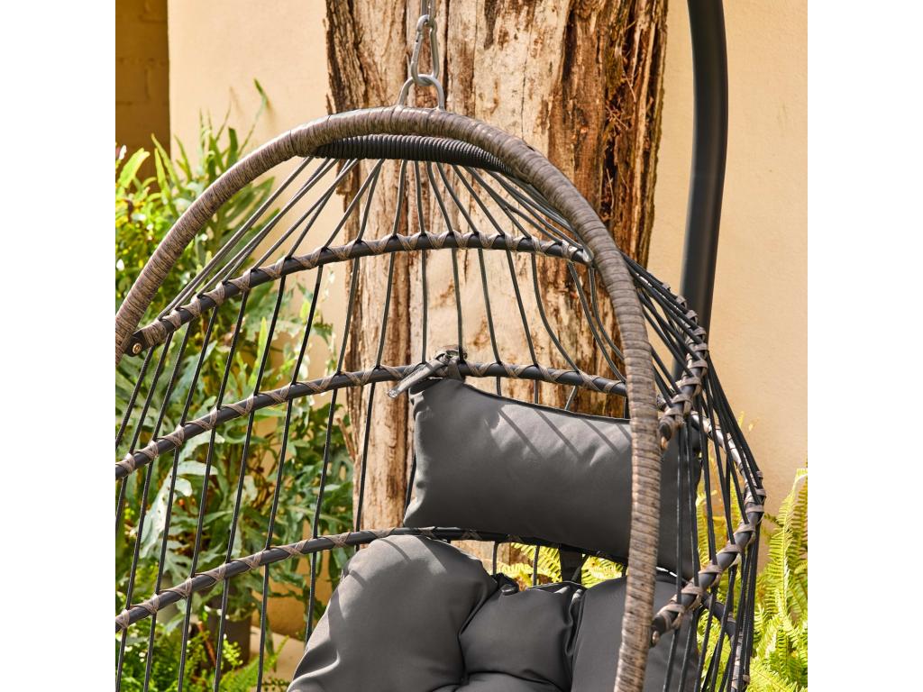 Anthracite hanging egg chair by Vertchez, made of aluminum, wicker, and polyester, measuring 105x105x196 cm.