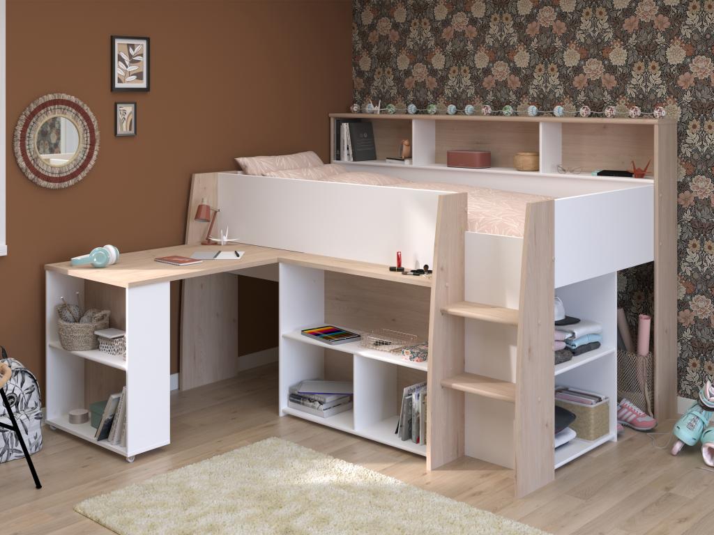 90x200 cm combination bed with desk and storage - White and natural - Meublita