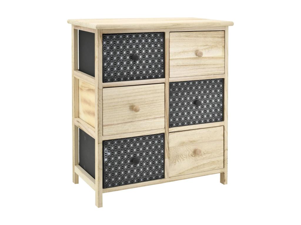 Chest of drawers in black and natural stained wood with 6 drawers