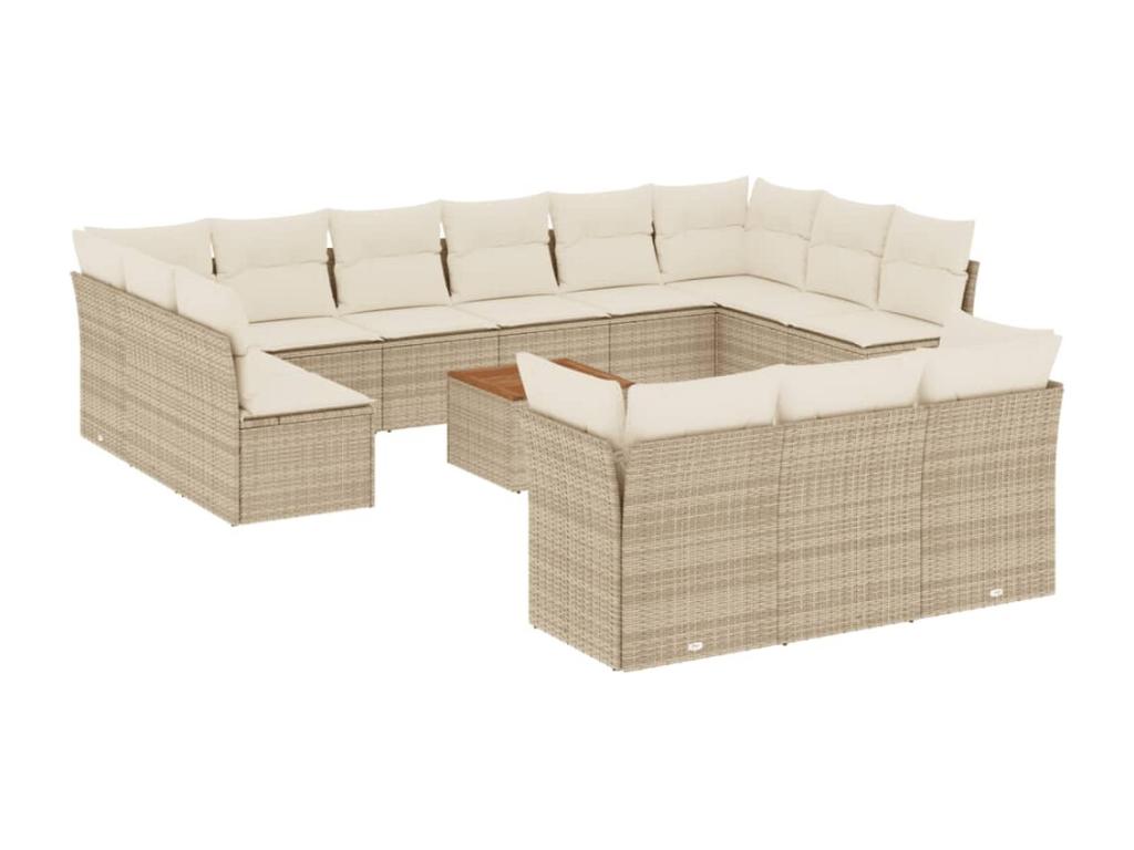 14-piece garden furniture set with cushions, beige woven resin