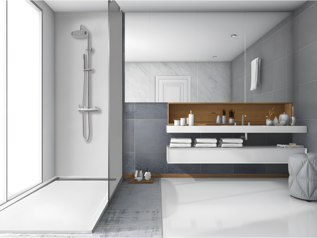 70x200 cm shower tray with side grate, Meublita Extra Slim white, made of synthetic resin and marble powder, with free drain