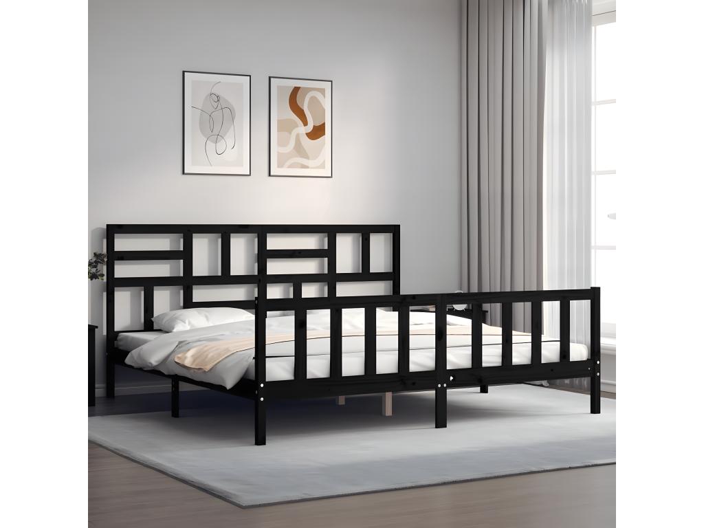 Black bed frame without mattress, 200x200 cm, solid pine wood