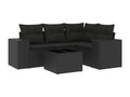 5-piece garden furniture set with cushions, black woven resin