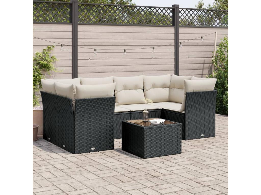7-piece garden furniture set with cushions, black woven resin