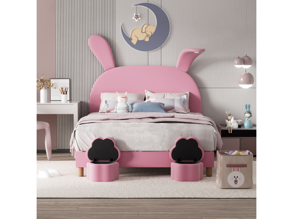 Upholstered bed 140x200 cm with 2 storage stools for children - LED bedside table - adjustable headboard - velvet - pink