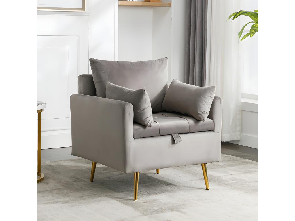 Armchair Sofa Chair with storage space, gold metal legs, modern grey velvet