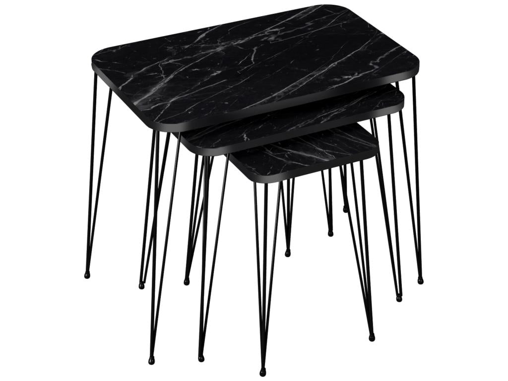 Set of 3 Rudk Vertchez rectangular nesting side tables in black marble.