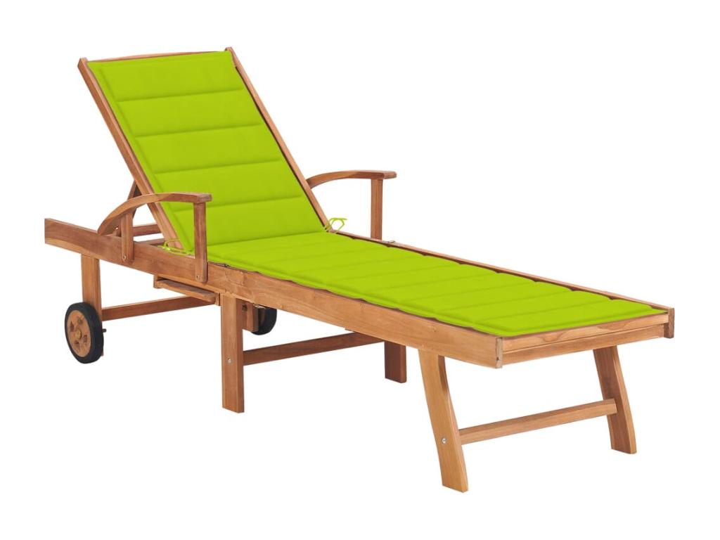 Chaise longue with bright green cushion. Solid teak wood.