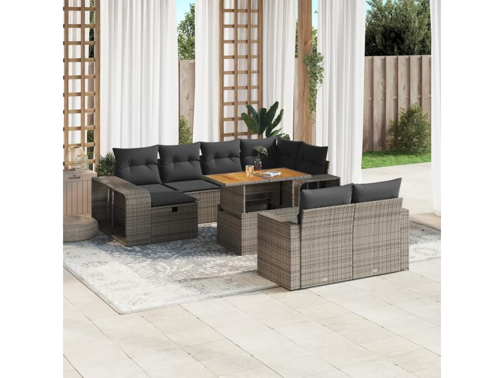 11-piece garden furniture set with grey resin wicker cushions