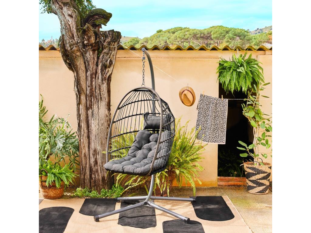 Anthracite hanging egg chair by Vertchez, made of aluminum, wicker, and polyester, measuring 105x105x196 cm.
