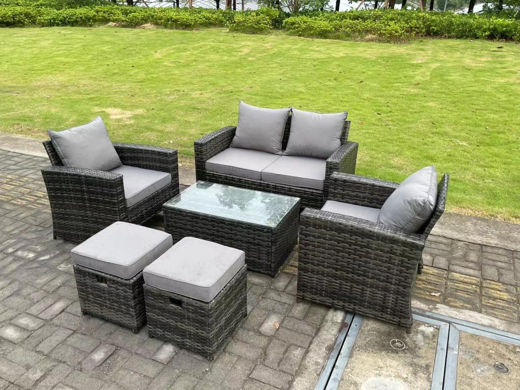 6-Seater Dark Grey High-Back Rattan Sofa Set with Rectangular Coffee Table and 2 Stools