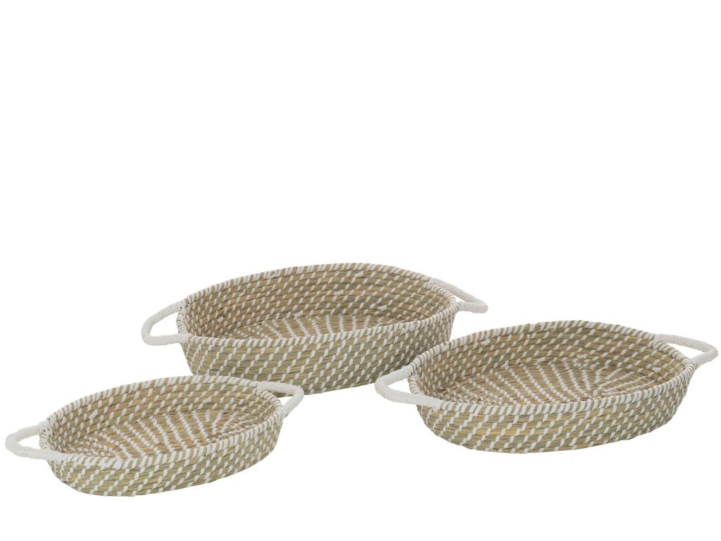 Set of 3 oval baskets with natural/white straw handles, 47x35x10cm