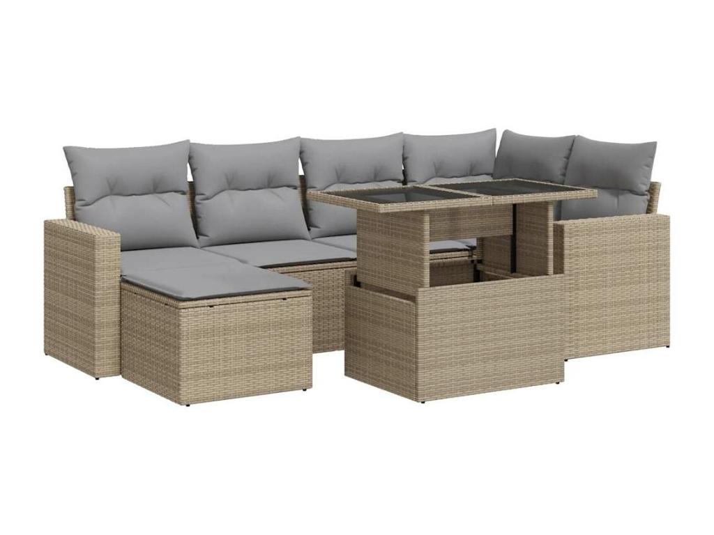 7-piece garden furniture set with cushions, beige woven resin