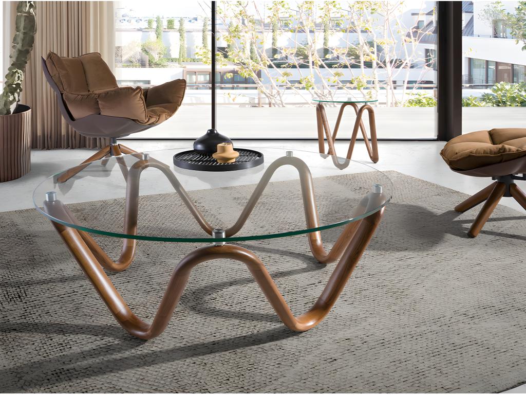 Round coffee table in tempered glass and walnut 2124 Vertchez