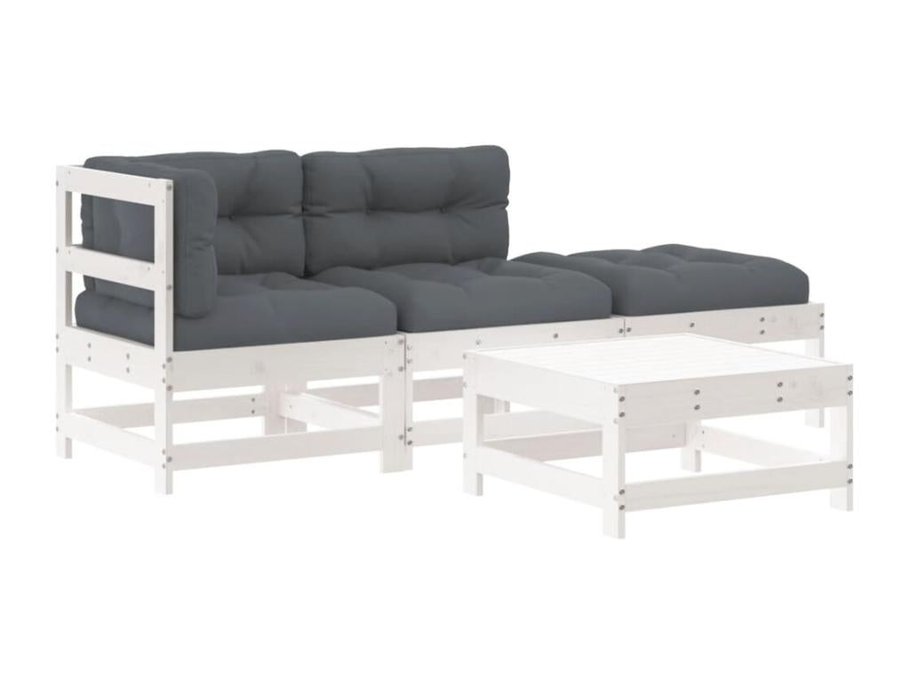 4-piece garden furniture set with cushions, white, solid wood