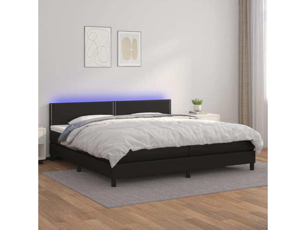 Upholstered bed base with mattress and LED lighting, black, 200x200cm, faux leather