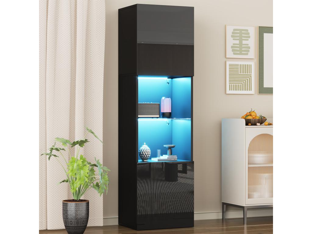 Display cabinet with 2 doors and 1 glass shelf - 45x35x160 cm - LEDs - Particleboard - Glossy black