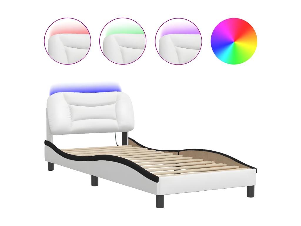 Bed frame with LED lights, white and black, 90x200 cm, faux leather