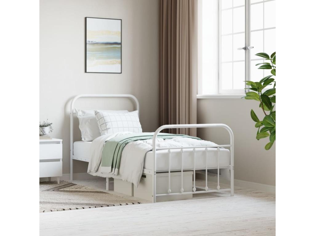 Metal bed frame with headboard and footboard, white, 90x200