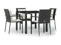 5-piece garden dining set with cushions, black woven resin