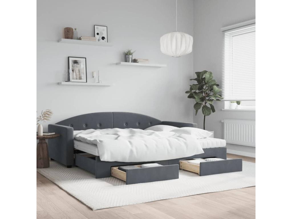 Daybed with trundle and drawers, dark grey, 90x200cm, velvet