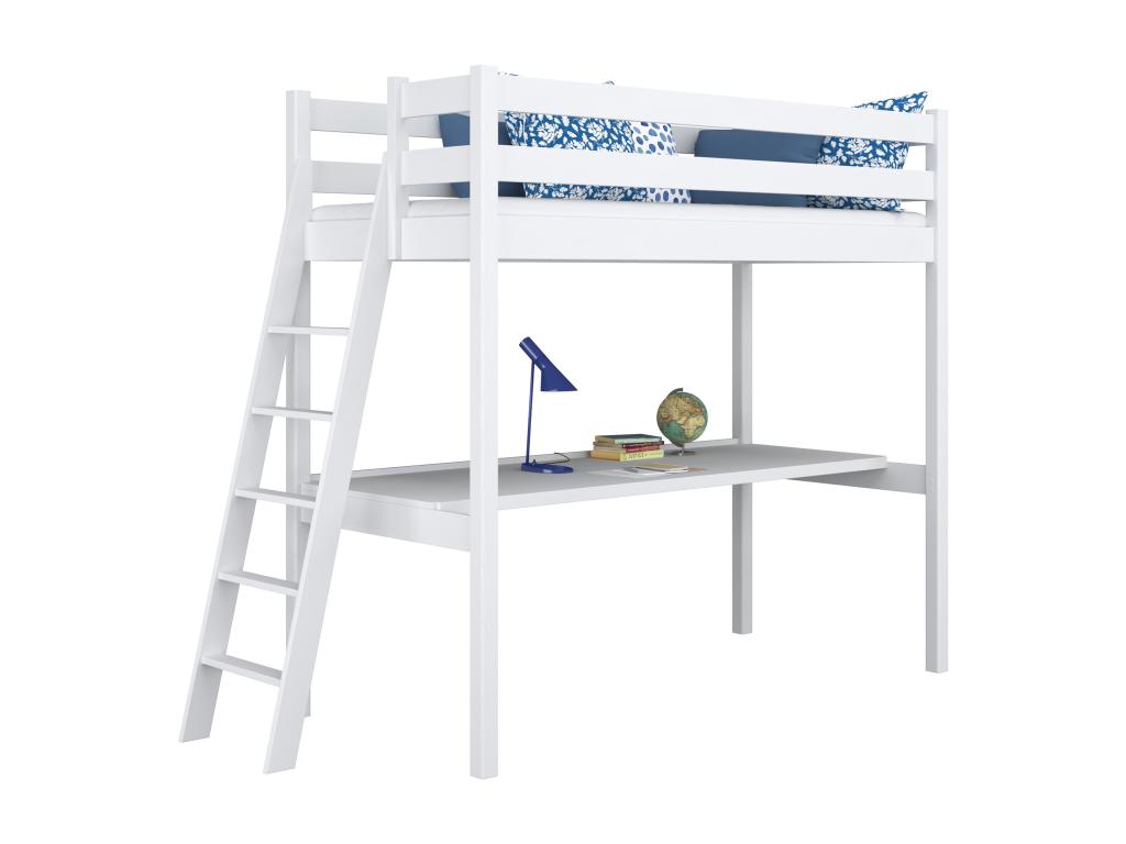 Wooden loft bed - with desk N02 White 80x180