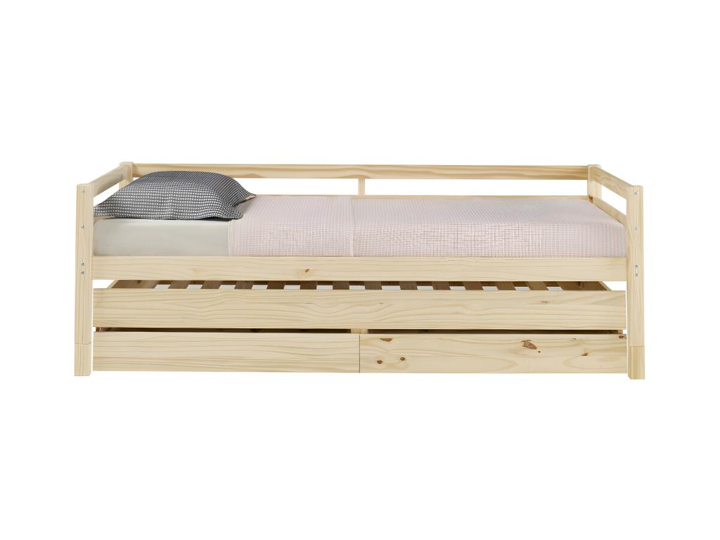 Trundle bed set with 2 mattresses 90x200 cm solid wood natural wood Vertchez