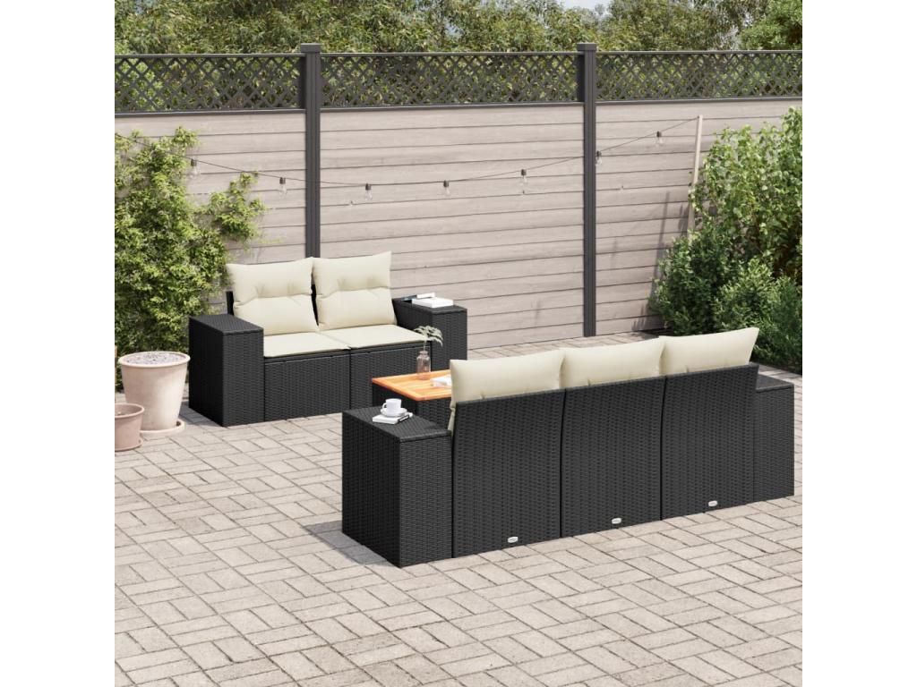 6-piece garden furniture set with cushions, black woven resin