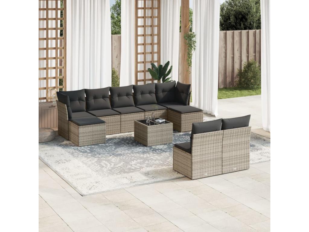Garden furniture set with 10 cushions, grey woven resin