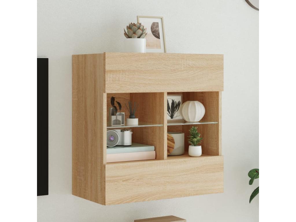 Wall-mounted TV unit with LED lighting, oak finish, 58.5x30x60.5 cm