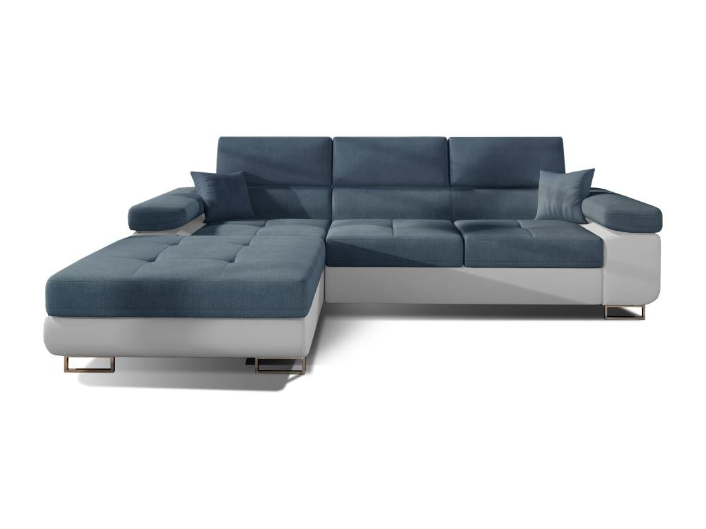 Vertchez 280cm Left-Hand Corner Sofa Bed in Mineral Blue Fabric and White Faux Leather with Storage