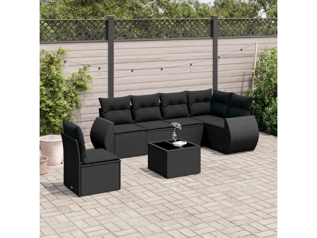 7-piece garden furniture set with cushions, black woven resin