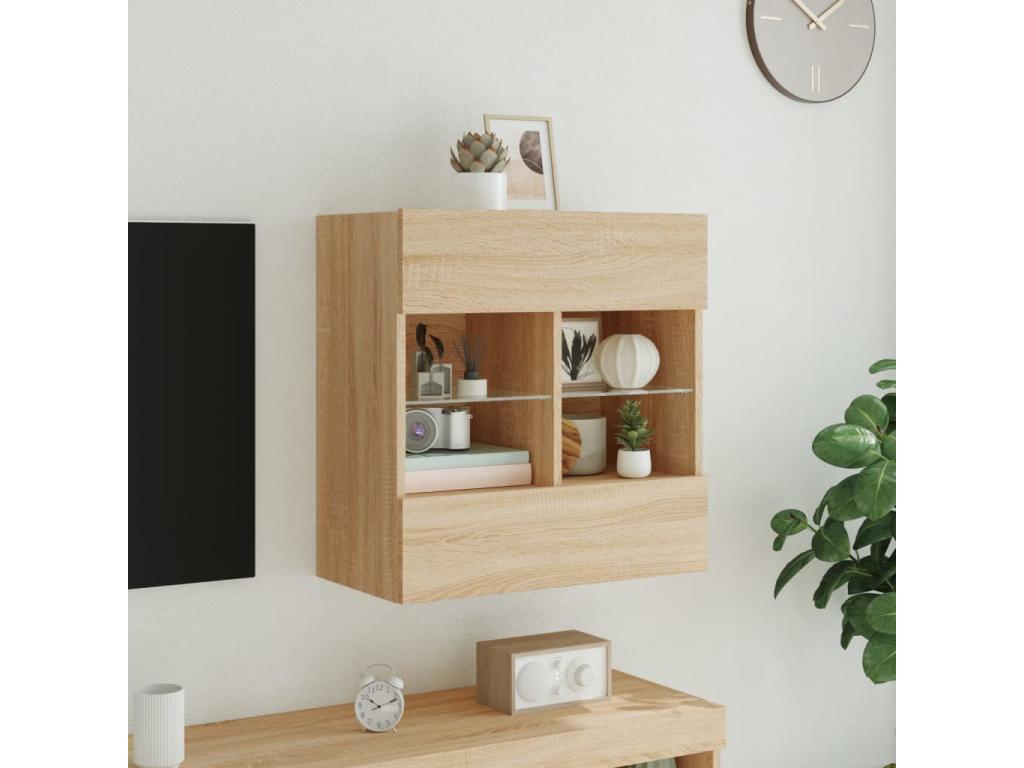 Wall-mounted TV unit with LED lighting, oak finish, 58.5x30x60.5 cm