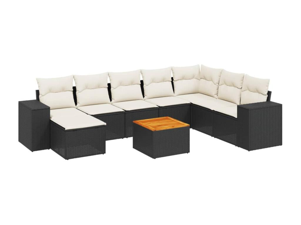 9-piece garden furniture set with cushions, black woven resin