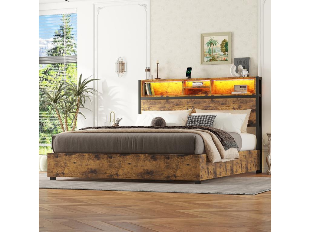 140 x 200cm flat bed with color-changing LED ambient lighting, 24-button remote control, and large storage space in the bed box, brown