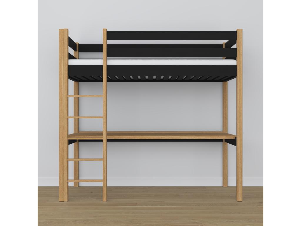 Wooden loft bed - with desk N05 Black / Natural Oak 100x180