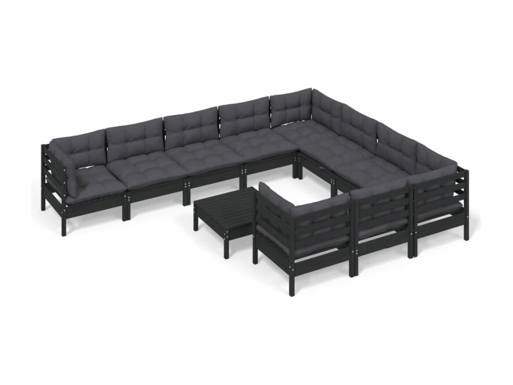 11-piece garden furniture set with cushions, black pine wood