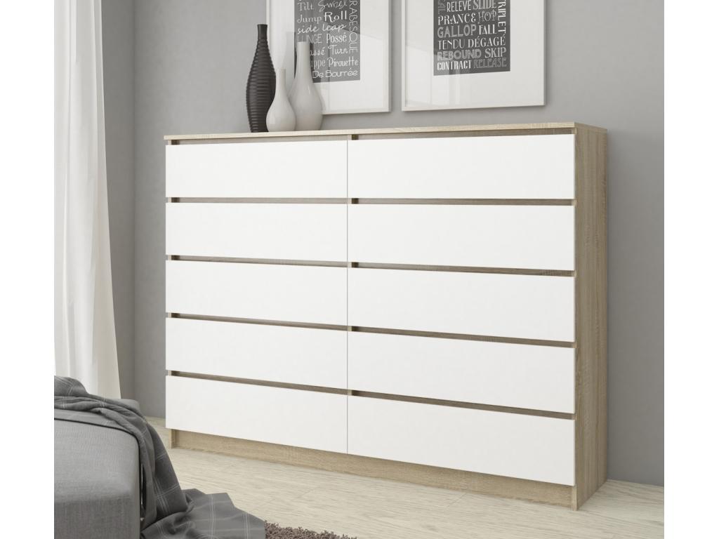 Large chest of drawers for the living room, Vertchez K160 Oak, Vertchez, 160 cm, 10 drawers, white front, 160x40x121 cm