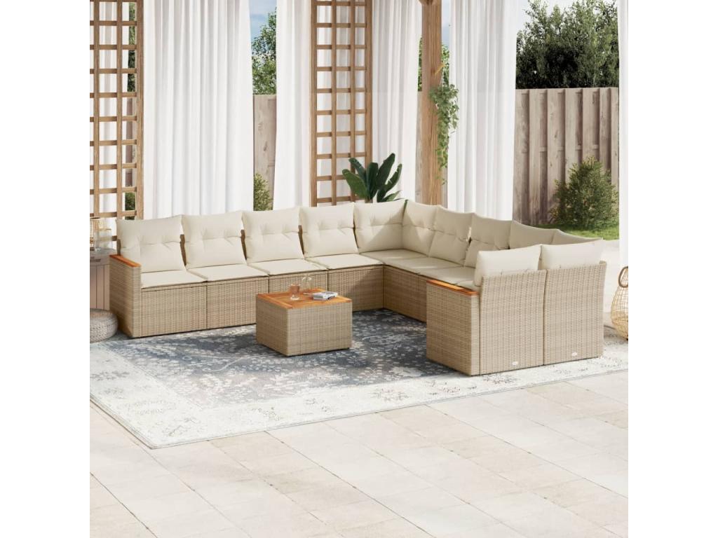 11-piece garden furniture set with beige resin wicker cushions