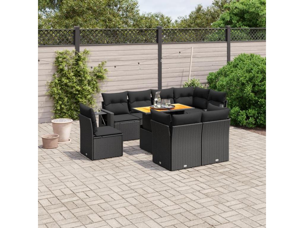 9-piece garden furniture set with cushions, black woven resin